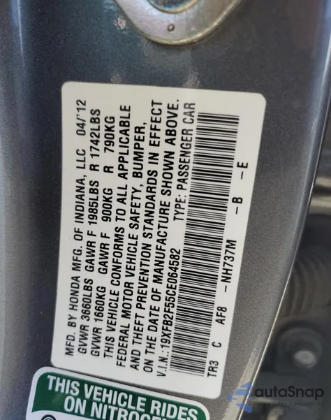 2012 Honda Civic Lx z USA, uszkodzony, nr VIN 19XFB2F55CE064582